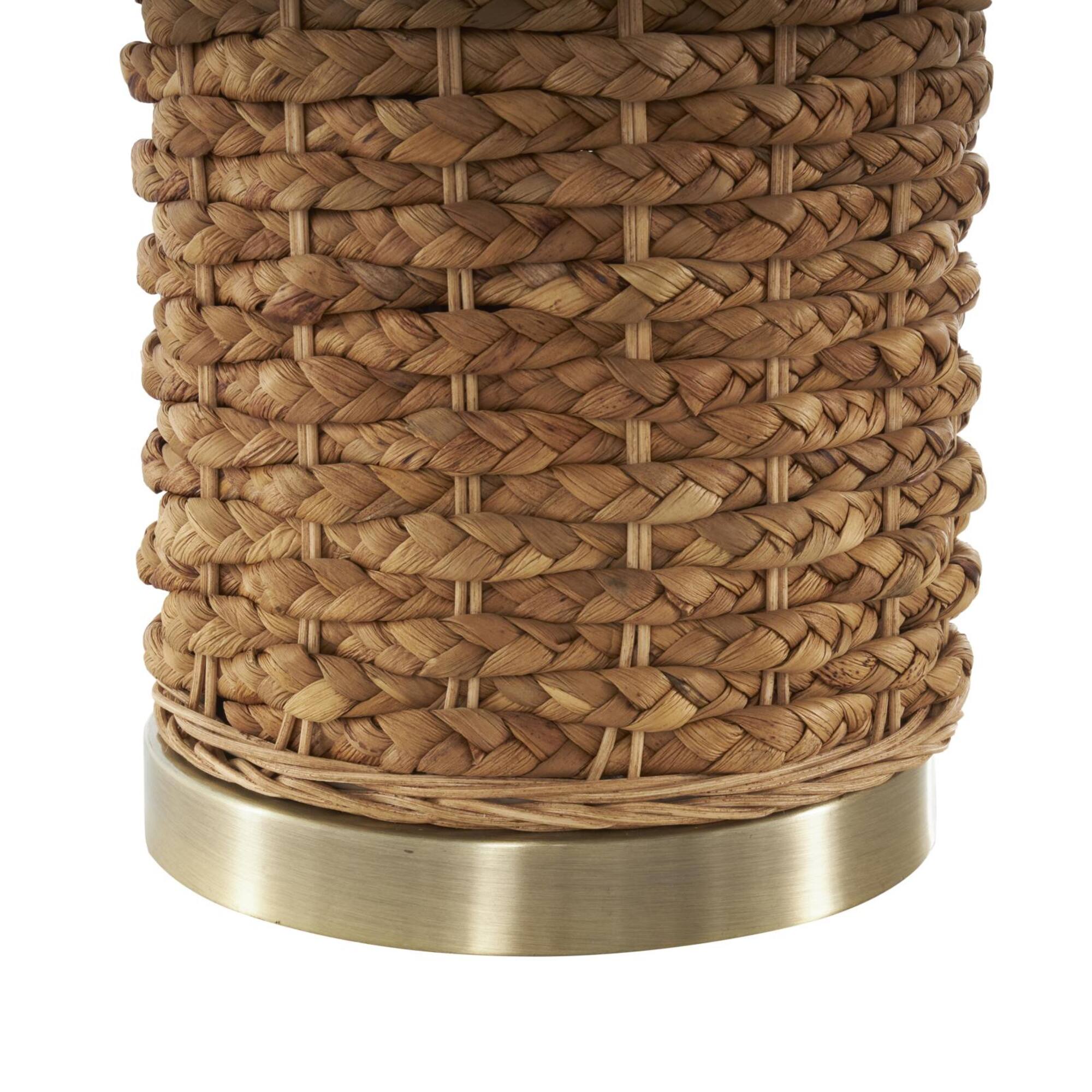 28" Bohemian Handmade Brown Rattan Textured Table Lamp with White Shade & Gold Base
